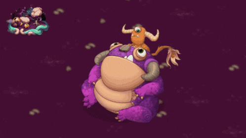 a purple monster with horns is laying down with another monster on its back