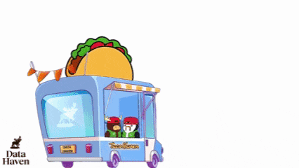 a cartoon drawing of a taco truck with two penguins inside