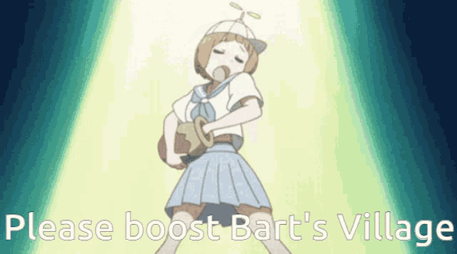 a cartoon of a girl with the words " please boost bart 's village " on the bottom