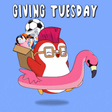 a penguin holding a flamingo float and a box of toys
