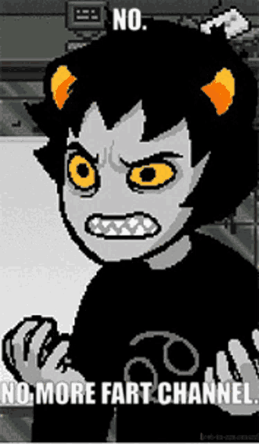 a cartoon character says " no more fart channel " on a poster