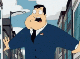 a man in a suit and tie with his arms outstretched in a city
