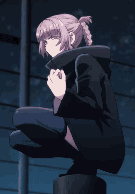a girl with purple hair is squatting down on a post