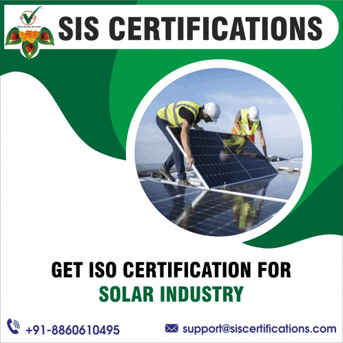 an advertisement for sis certifications with two men installing solar panels