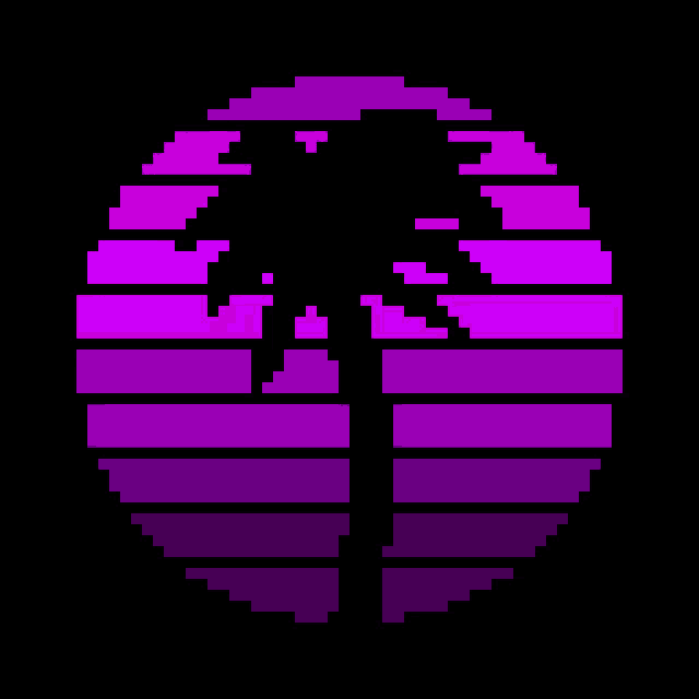 a pixel art illustration of a palm tree in a purple circle .