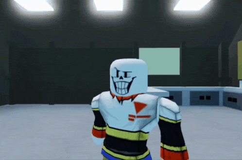 a cartoon character with a skull face and the letter i on his chest