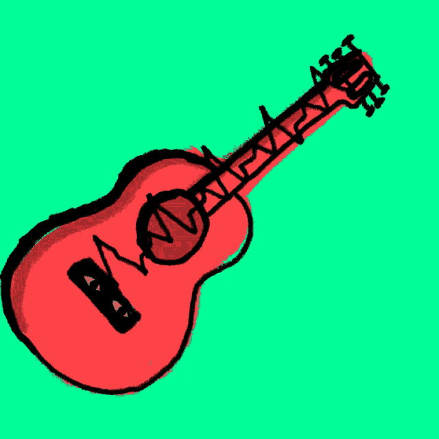 a drawing of a red guitar with the word wow on the neck
