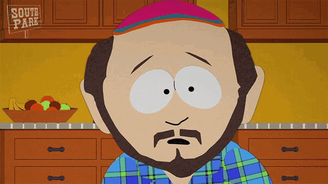 a cartoon of a man with a beard and a pink hat with the words south park on the bottom