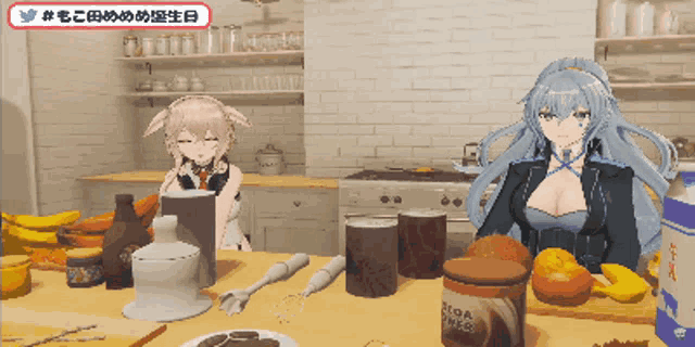 two anime characters sit at a table with a jar of soda