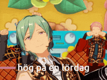 a cartoon character with green hair and the words hög pa en lördag