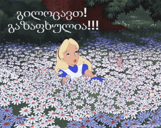 a cartoon of alice in a field of daisies with foreign writing