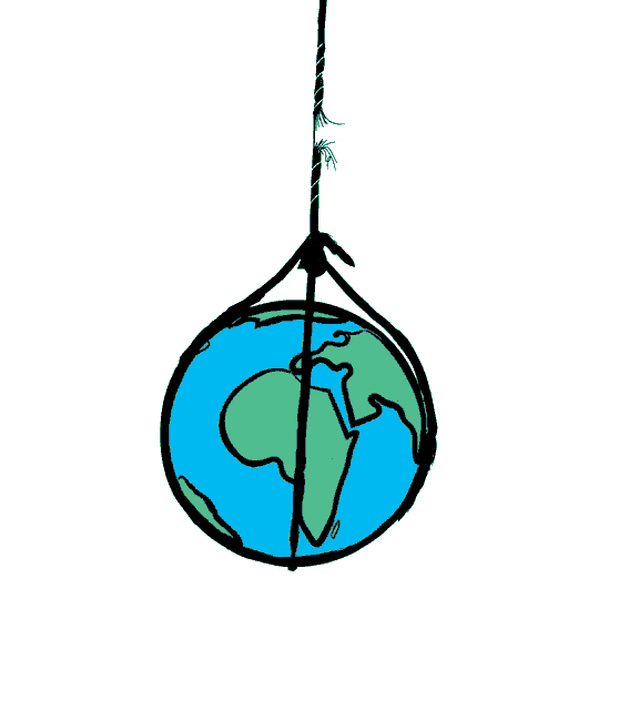 a drawing of a globe hanging by a rope