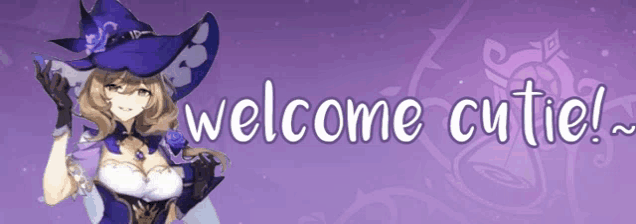 a purple background with the words welcome cutie written on it