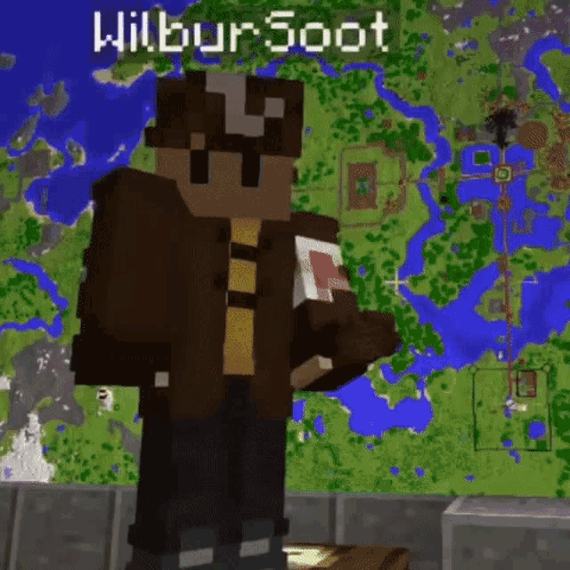 a minecraft character is standing in front of a map holding a book .