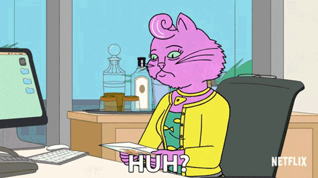 a cartoon of a purple cat sitting at a desk holding a piece of paper and says huh