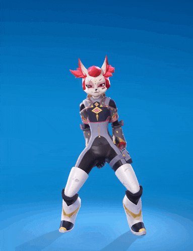 a video game character with a red haired cat 's head is standing on a blue background
