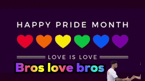 two men shake hands in front of a sign that says happy pride month love is love