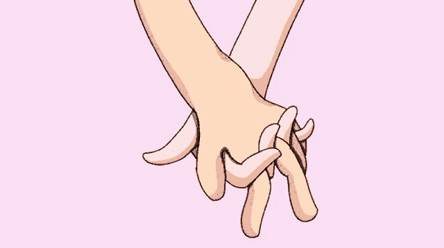 a cartoon drawing of two hands holding each other on a pink background