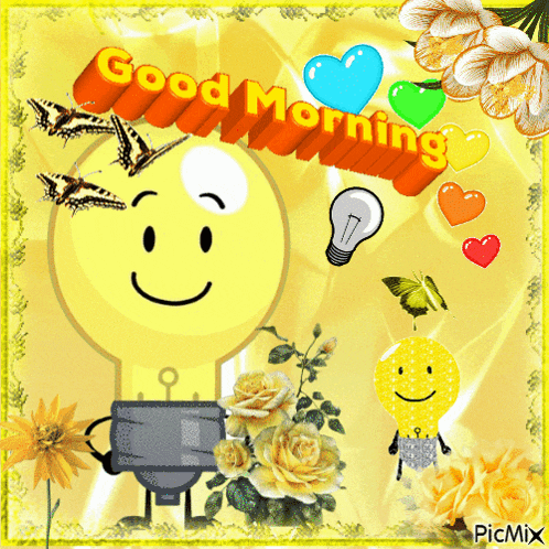 a picture of a light bulb with flowers and butterflies says good morning