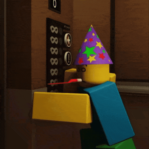 a cartoon character wearing a party hat is standing in front of an elevator that has the number 8 on it