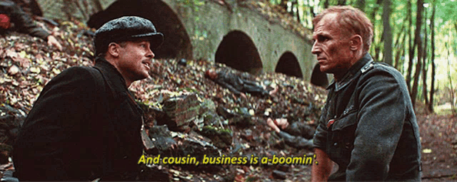 two men are talking in the woods with the words " and cousin business is a boomin " above them
