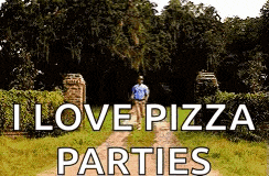 a man is walking down a dirt road with the words i love pizza parties on the bottom