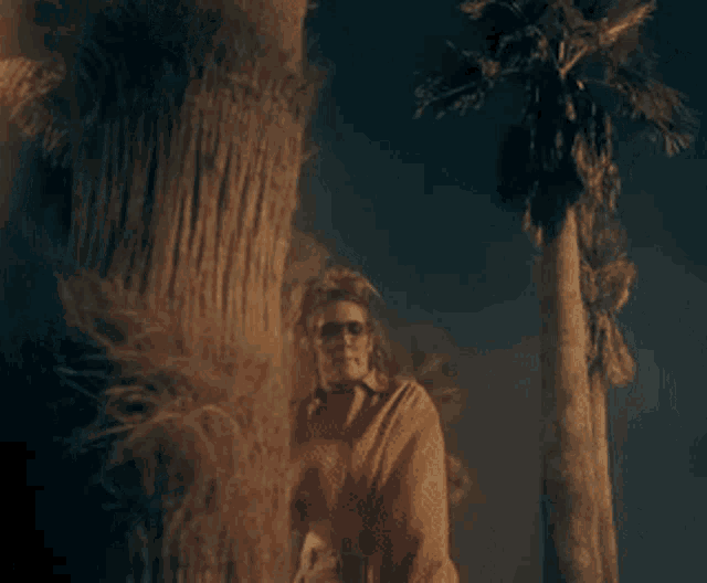 a woman wearing sunglasses stands in front of palm trees at night