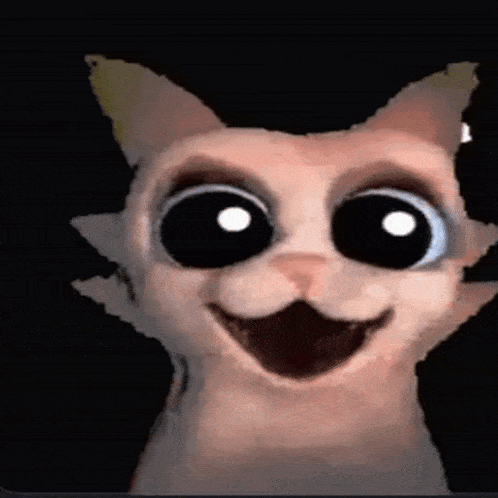 a close up of a cat 's face with big eyes and a big smile .