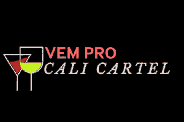 a logo for vem pro cali cartel with a martini glass in the middle