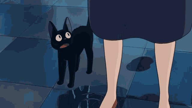 a black cat is standing next to a woman 's feet