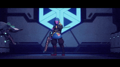 a person with a mask on holding a gun in front of a sign that has the letter s on it