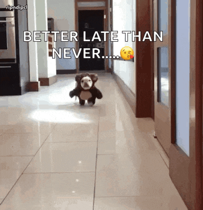 a dog wearing a teddy bear costume is running down a hallway with the caption " better late than never "