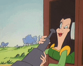 a woman in a green dress is holding a hammer and looking out a window .
