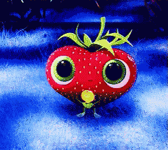 a cartoon of a strawberry with big green eyes and a yellow mouth