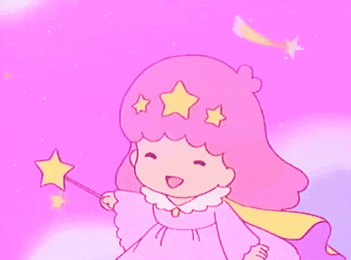 a little girl with pink hair and yellow stars on her head holds a magic wand