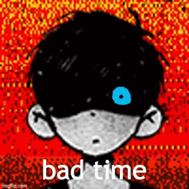 a cartoon of a boy with a blue eye and the words `` bad time '' written below him .
