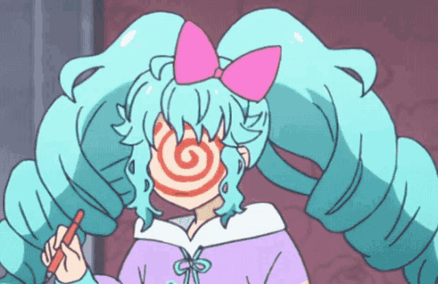 a girl with blue hair and a pink bow has a swirl in her face