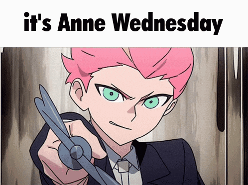 a cartoon character holding a pair of scissors with the words it 's anne wednesday above him