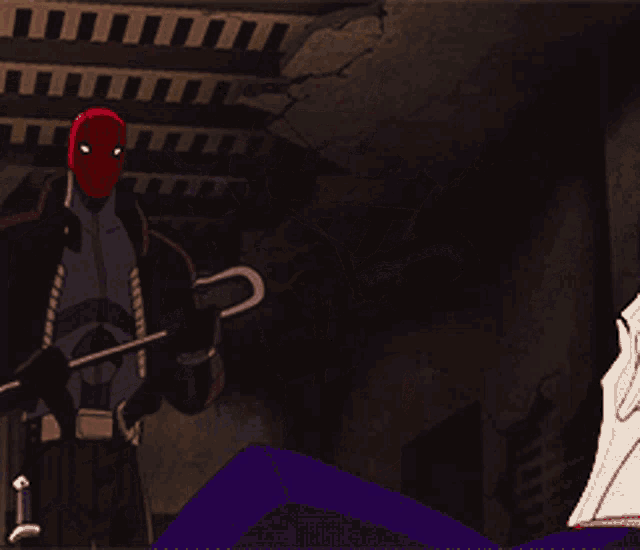 a cartoon character with a red mask holding a sword