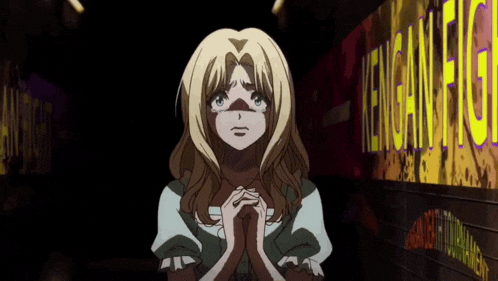 a girl with blonde hair is praying in front of a sign that says kengan fuji