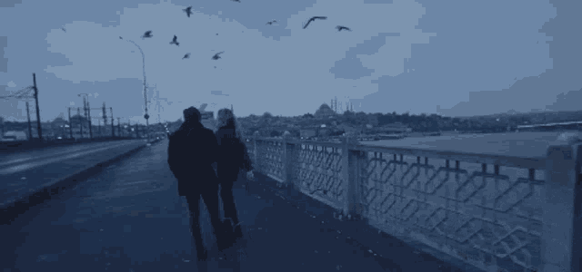 a couple walking across a bridge with birds flying in the sky