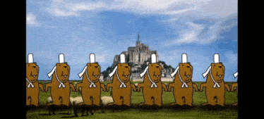 a group of cartoon bears are standing in a field with a castle in the background