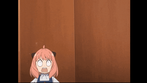 a girl with pink hair is standing in front of a wooden wall and making a surprised face