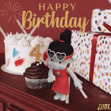a happy birthday greeting card with a doll and a cupcake