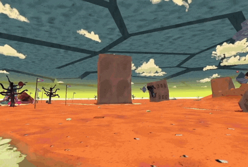 a cartoon drawing of a desert landscape with a blue sky