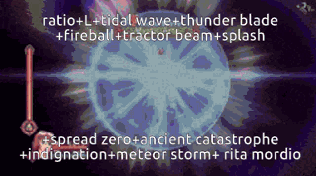a screenshot of a video game that says spread zero + ancient catastrophe + indignation + meteor storm + rita mordio