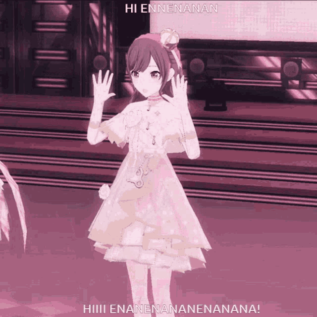 a girl in a pink dress is waving her hand and says hi ennenanan