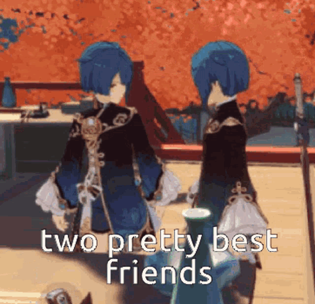 two anime characters are standing next to each other with the words two pretty best friends above them .