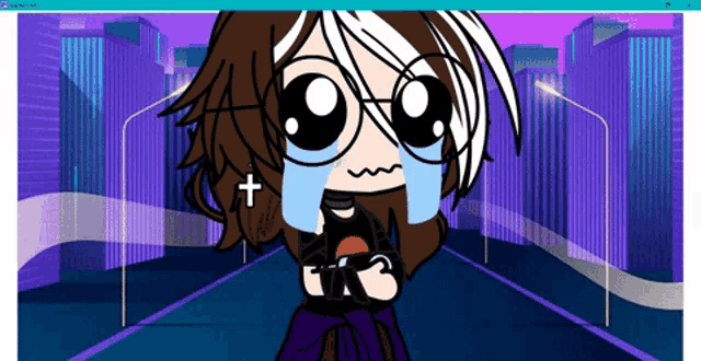 a cartoon character with glasses and a cross on her head is crying