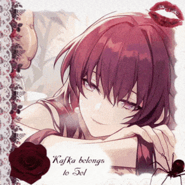 a picture of a girl with purple hair and the words kafka belongs to sol